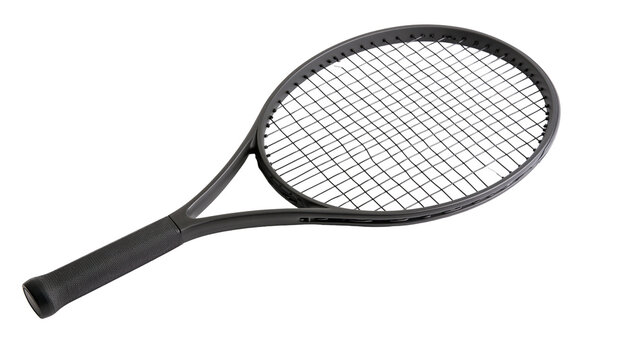Black professional tennis racket with textured grip and nylon string pattern