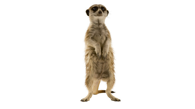 Alert meerkat standing upright looking forward with brown fur and dark eye patches