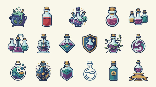 Colorful magic potion bottles and cauldron flat icon set.