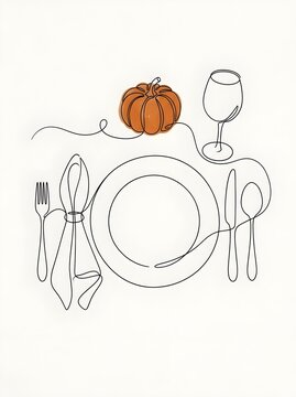 Thanksgiving dinner table setting continuous line art