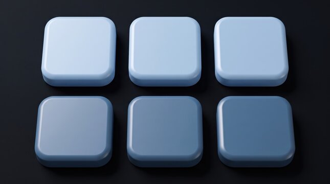 3D rendered grid of six soft blue rounded square buttons on a black background. Two rows of three glossy matte-clay tiles with beveled edges, the top row lighter pastel blue and the bottom row darker