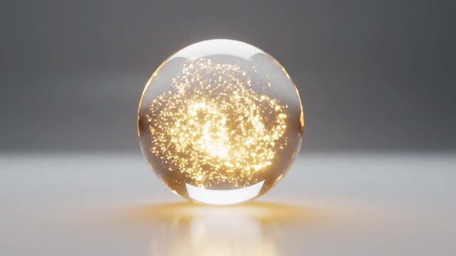 A glass orb containing a swirling, glowing galaxy of golden particles that intensifies in brightness and density against a soft, minimalist background.