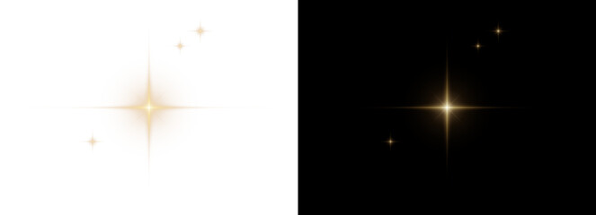 Obraz na płótnie Canvas Bright golden digital starburst radiates long sun rays around central flare, with smaller sparkling lights. Isolated glowing graphic on transparent background serves as overlay, with rays extending