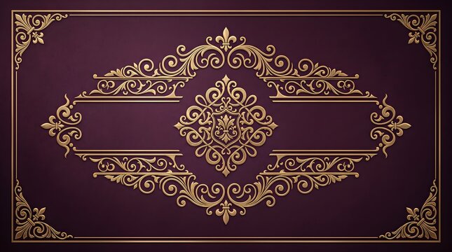 Elegant golden baroque ornament frame featuring intricate vintage flourishes and royal heraldic motifs on purple texture