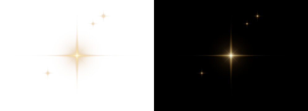 Bright golden digital starburst radiates long sun rays around central flare, with smaller sparkling lights. Isolated glowing graphic on transparent background serves as overlay, with rays extending