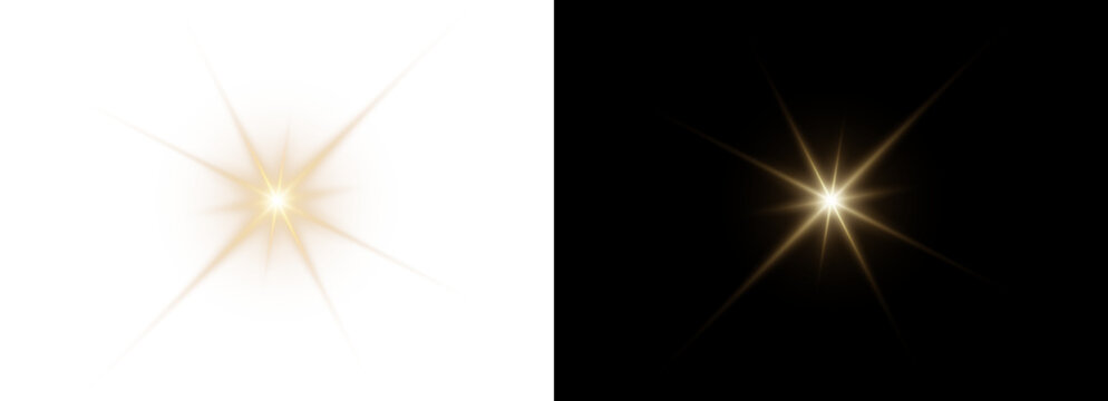 Bright golden flare radiates as digital starburst with glowing sun rays. Fine sparkle accents form isolated light overlay on transparent background for creative design projects, with bright rays