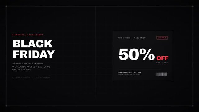 A minimalist Black Friday promotional video showing a discount percentage rapidly increasing from 0% up to 50% off against a sleek dark background.