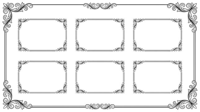 Elegant vintage ornamental borders and decorative corner flourishes featuring classic baroque scrollwork patterns on white background