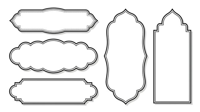 Islamic vector frames and borders set with ornamental Arabic design elements in black and white colors for graphic projects