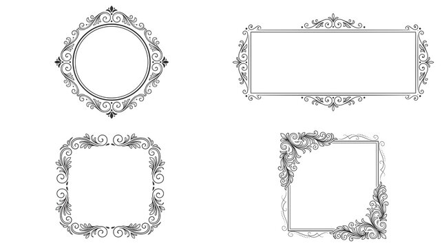 Elegant vintage floral frames featuring ornate corner flourishes and decorative scrollwork borders for luxury graphic design projects