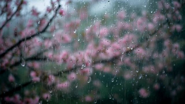 Raindrops on window glass with blurred pink cherry blossom flowers in