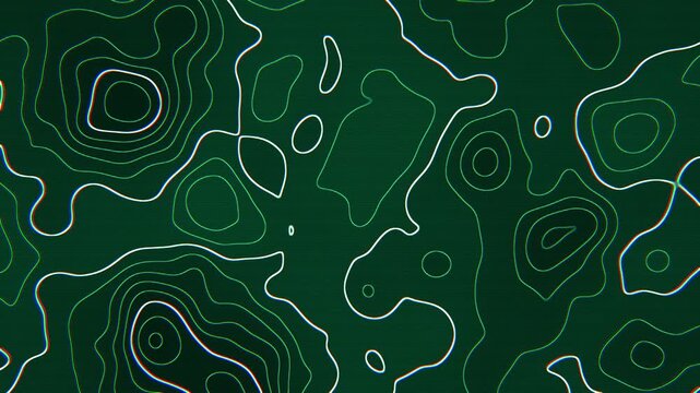 Deep emerald green topographic contour lines map with glowing lines, abstract terrain elevation relief background, seamless loop