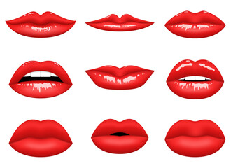 Fototapeta premium Set of Red Lips and Mouth Expressions Vector Illustrations