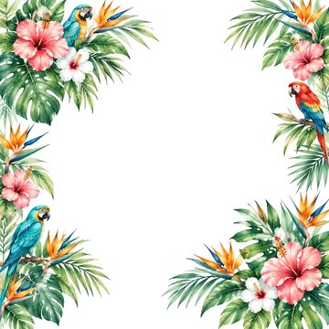 Watercolor Tropical Corner Borders With Monstera And Hibiscus