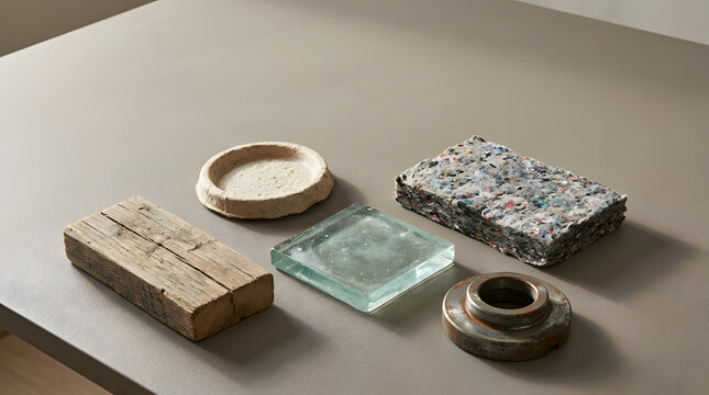 Conceptual still life illustrating material recovery, reuse and circular design for a resource-conscious economy. AI Generated.