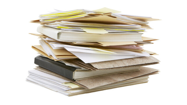 Large messy stack of assorted paper documents and folders with a black binder