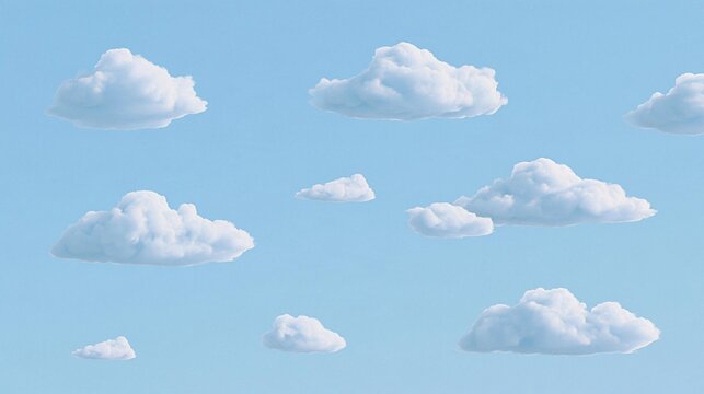 Group of nine white clouds floating in a light blue sky. the clouds are arranged in a scattered manner, with some overlapping each other.