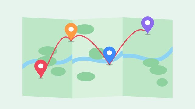 Animated map with colorful pins showing a journey with a star destination
