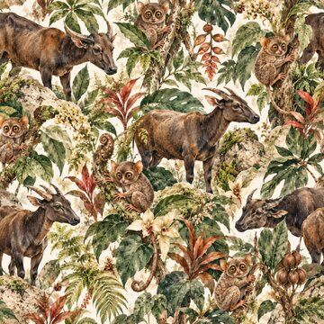 Seamless vintage pattern featuring anoa and tarsier in tropical jungle