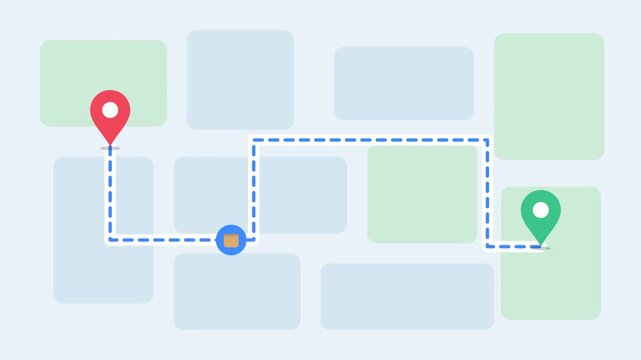 Animated map showing route tracking with pins and a checkmark
