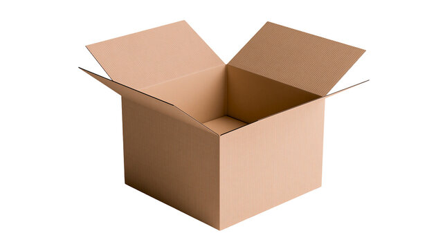 Open empty brown corrugated cardboard box with flaps extended