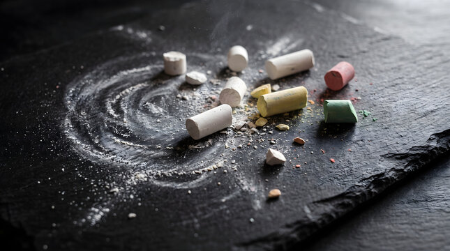 Close up of 123 chak pieces and colorful pastel dust on a dark slate board background with artistic texture