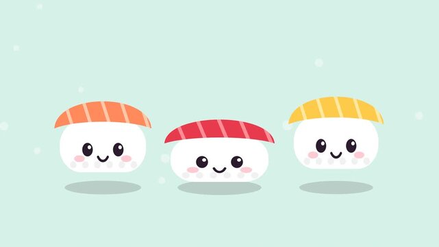 Three cute sushi characters with different toppings in a gentle animation