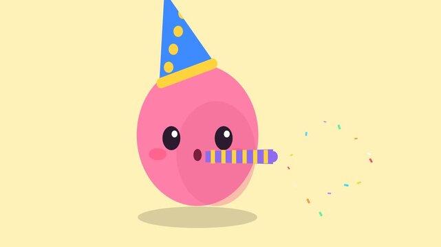 Cute pink character wearing a party hat and blowing a noisemaker