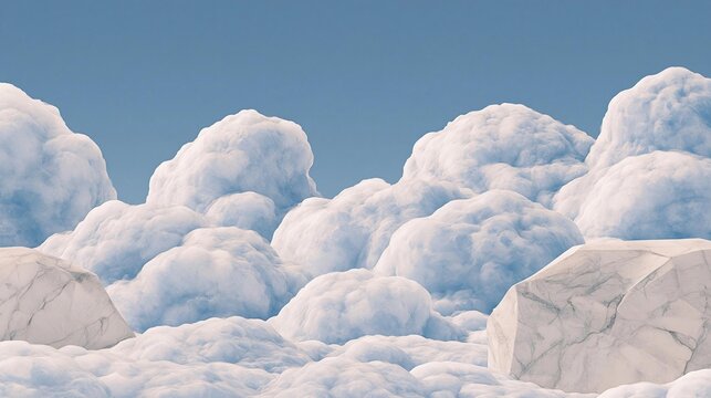 Group of large, fluffy white clouds against a clear blue sky. the clouds appear to be floating in the air, with some of them overlapping each other.