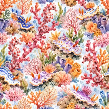 Seamless watercolor pattern with seahorses nudibranchs and coral reef