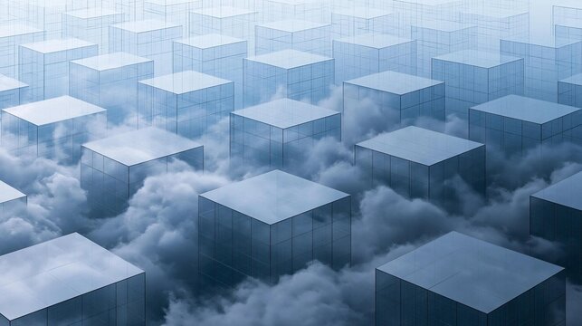 Group of blue cubes floating in the sky. the cubes are arranged in a grid-like pattern, with each cube having a unique shape and size.