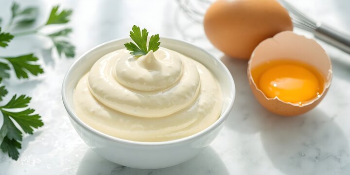 Fresh creamy mayonnaise in a white bowl with eggs and parsley on a bright background