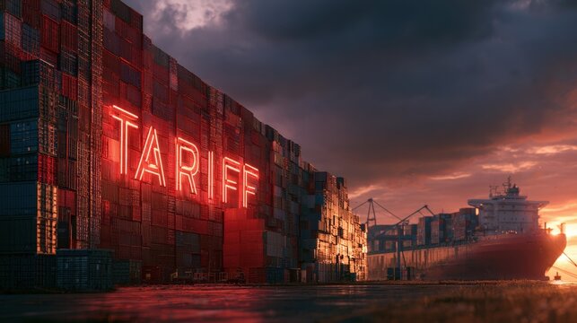 Glowing red tariff sign on a huge stack of shipping containers at a port during sunset. Ideal concept for global trade and import taxes.