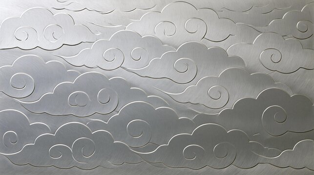Close-up of a metal surface with a pattern of white clouds. the clouds are arranged in a repeating pattern, with each cloud having a unique design.