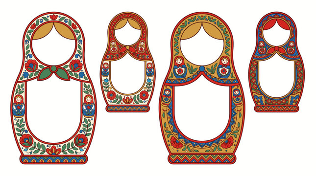 Russian Matryoshka Doll Floral Folk Art Painted Vector Border Set