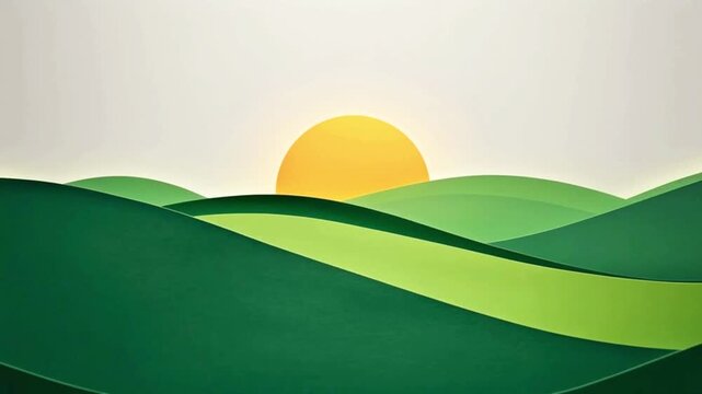 Abstract paper craft landscape with rolling green hills and a bright