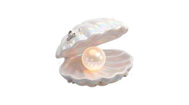 Open seashell with glowing pearl isolated on transparent background
