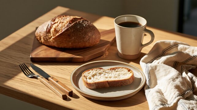 Simple rustic breakfast with fresh sourdough bread and black coffee on a wooden table