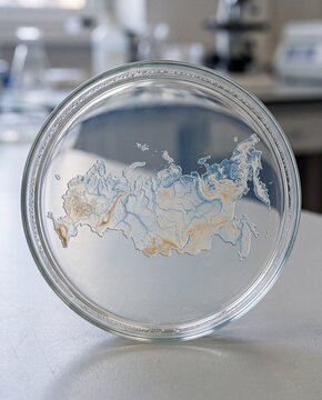 Conceptual pneumonic plague bacterium culture shaped like a map of Russia in a Petri dish