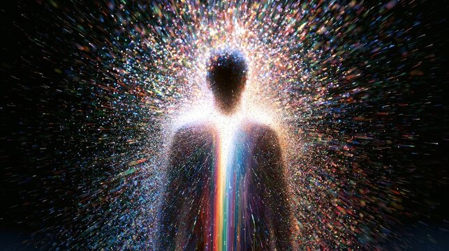 Human silhouette made of glowing particles radiating vibrant light energy against a dark background. Great for spiritual awakening and soul concept designs.