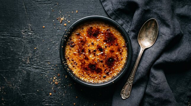 Classic French creme brulee with a burnt caramelized sugar crust rests in a black ceramic ramekin beside a silver spoon in a top down view