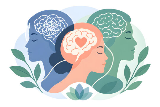 Illustration of a brain and a heart, the brain being a complex organ made up of different parts including the frontal lobe, temporal lobe and parietal lobe