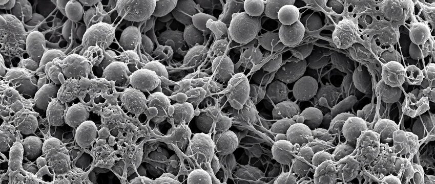 Pneumonic plague bacterium in a dense biological microenvironment, scanning electron microscopy