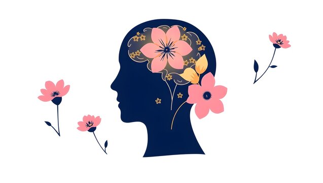 Woman's head with flowers in the shape of a brain, flowers in her hair, creative illustration of a human head with a stimulated brain in pink, blue and yellow colors