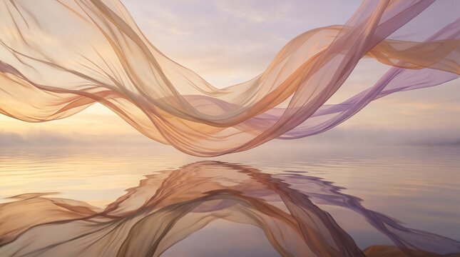 Abstract flowing silk ribbons in pastel orange and purple colors forming soft waves