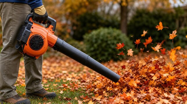 Close up of person using leaf blower to clean fallen autumn leaves in backyard