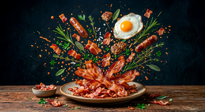 Bacon, eggs and sausage flying in the air, with herbs thrown into the air, bacon, eggs and sausage on a plate with splashing sauce and spices