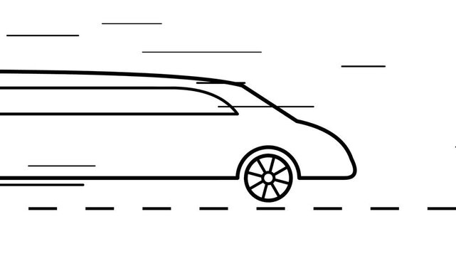 Minimalist outline animation of a luxury limousine moving fast on the road