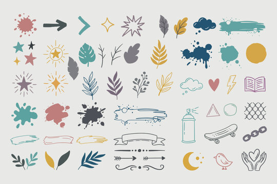 Hand Drawn Graffiti and Boho Doodle Elements Set, Vector Floral Leaves, Paint Splatters, Stars, Arrows and Urban Clipart Icons