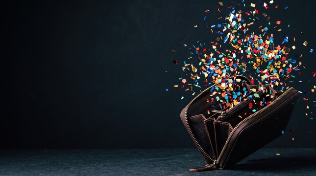 Leather wallet exploding with colorful confetti against dark background. Concept of financial literacy and anti consumerism during holiday sales.